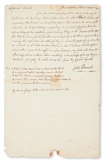 (SLAVERY AND ABOLITION.) [THOMAS JEFFERSON] PARRISH, JOHN. Autograph Letter Signed to William Jones.